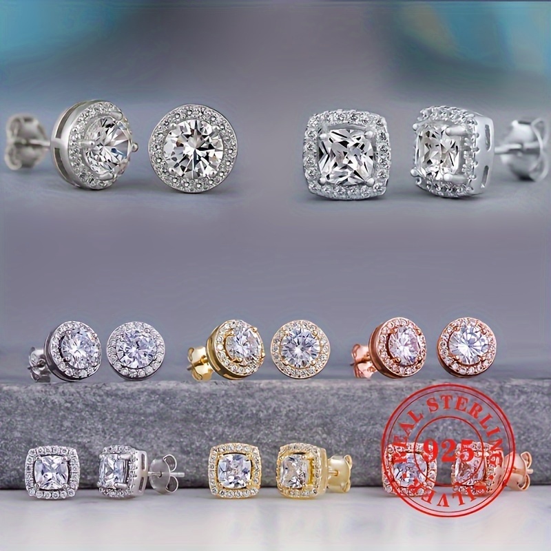 925 Silver CZ Stud Earrings Round & Square Design